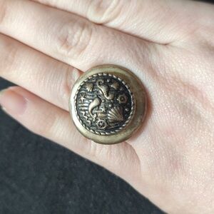 Vintage Brass Tone Round Nautical Theme Adjustable Statement Ring